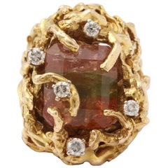 Vintage 1970s Handcrafted Large Watermelon Tourmaline and Sculptured Gold Cocktail Ring