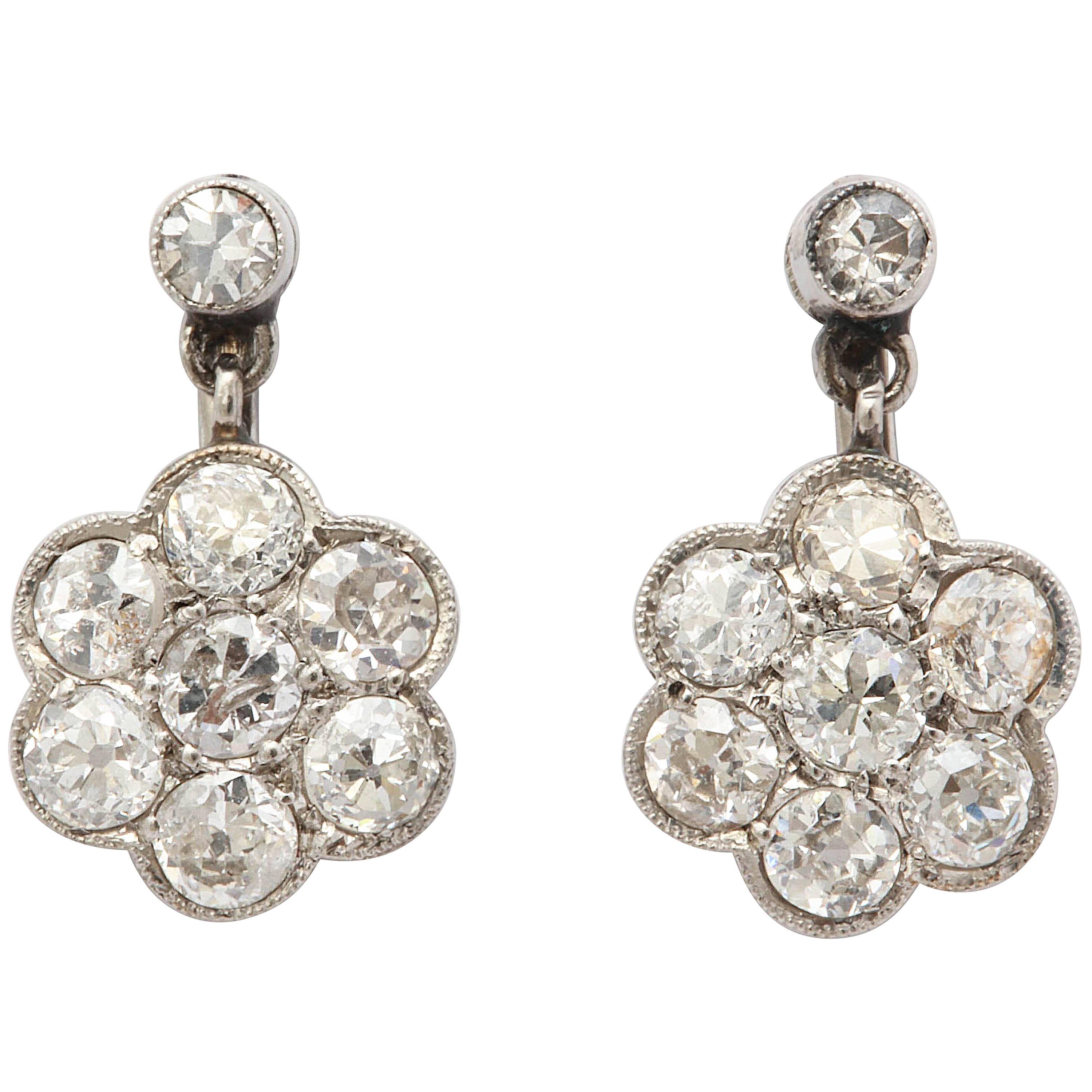 Art Deco Rosetta Design Flower Cluster Diamond and Platinum Drop Earrings