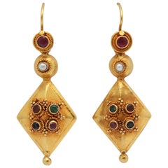  Ruby Sapphire, Emerald and Pearl High Karat Gold Dangle Earrings
