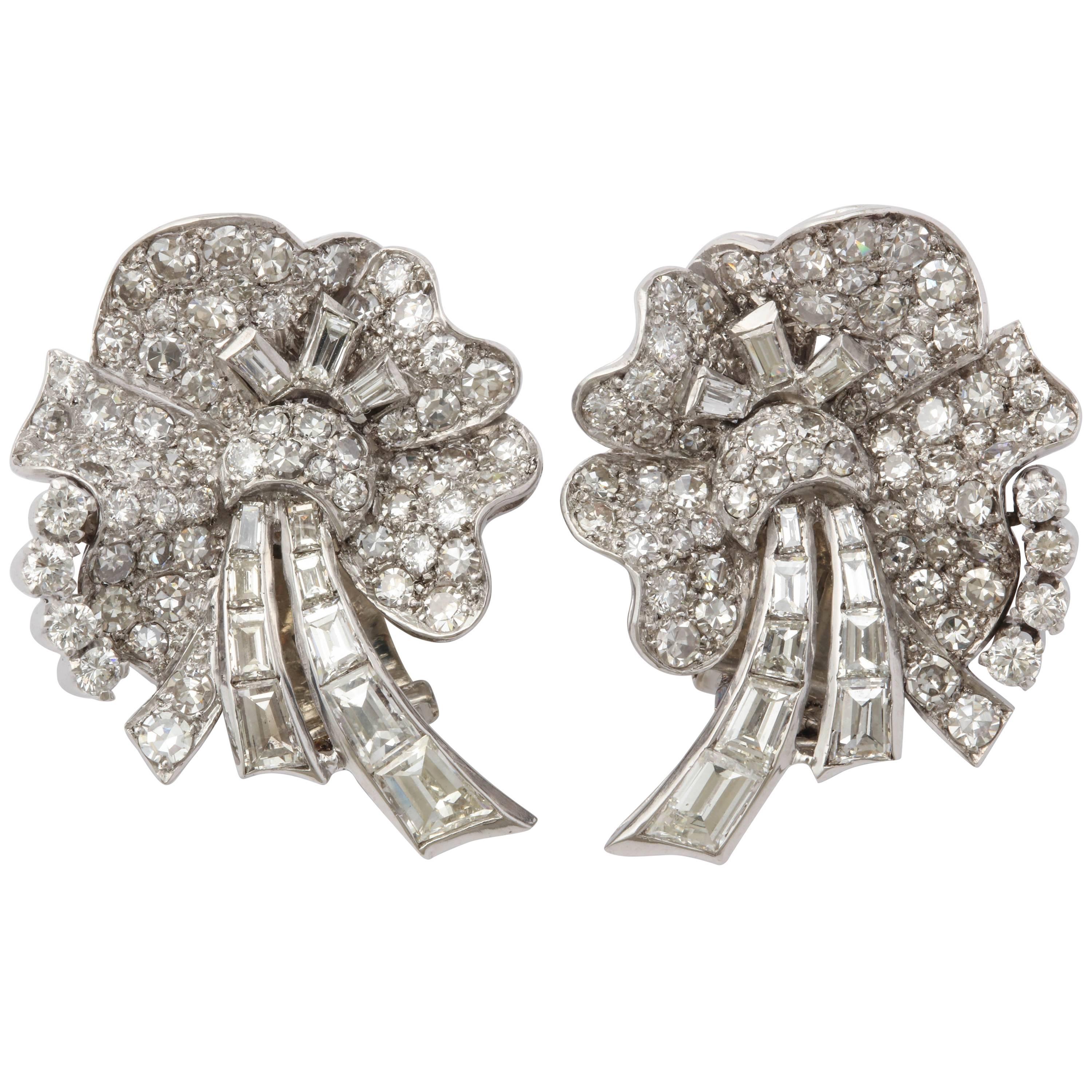1950s Elegant Figural Pansy Floral Diamond with Baguettes Platinum Earclips