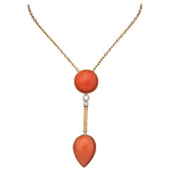 1960s Cabochon Round and Pear Shaped Coral and Diamond Pendant Drop Necklace