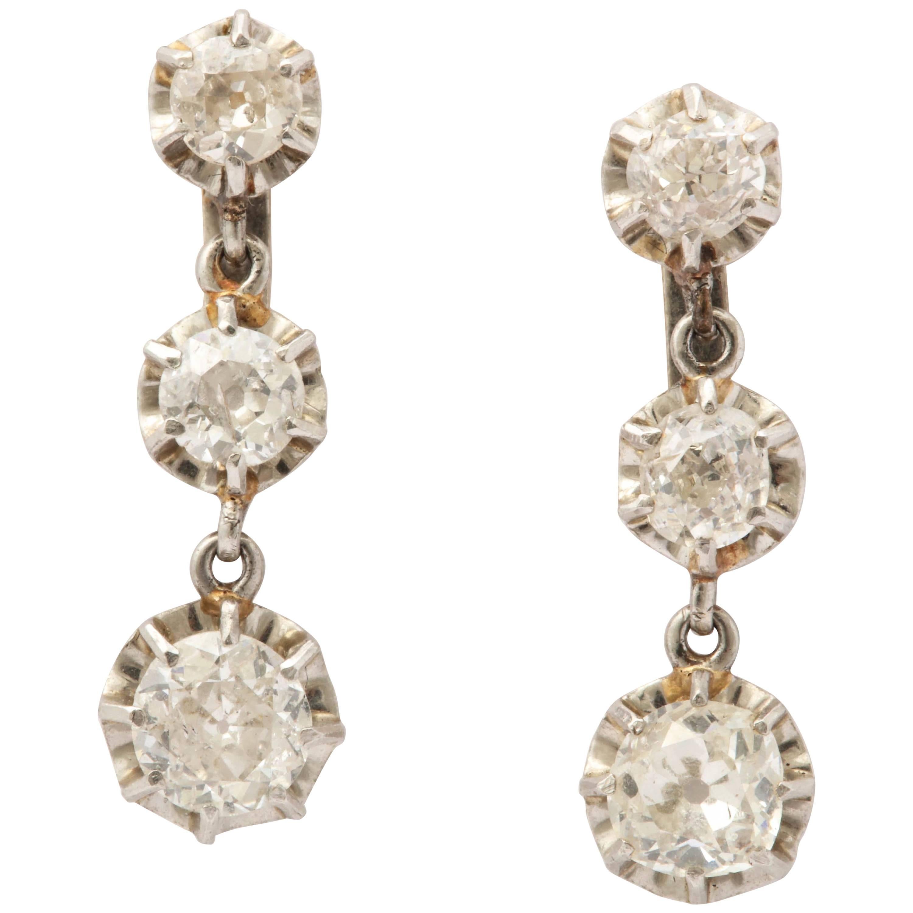 Edwardian Three-Stone Diamond Drop Dangle Platinum and Gold Lever Back Earrings