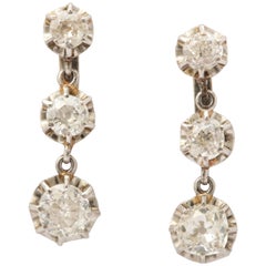 Edwardian Three-Stone Diamond Drop Dangle Platinum and Gold Lever Back Earrings