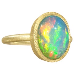 Devta Doolan Electric Rainbow Flash White Opal One of a Kind Gold Ring