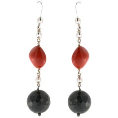Red Coral and Onyx White Gold Earrings