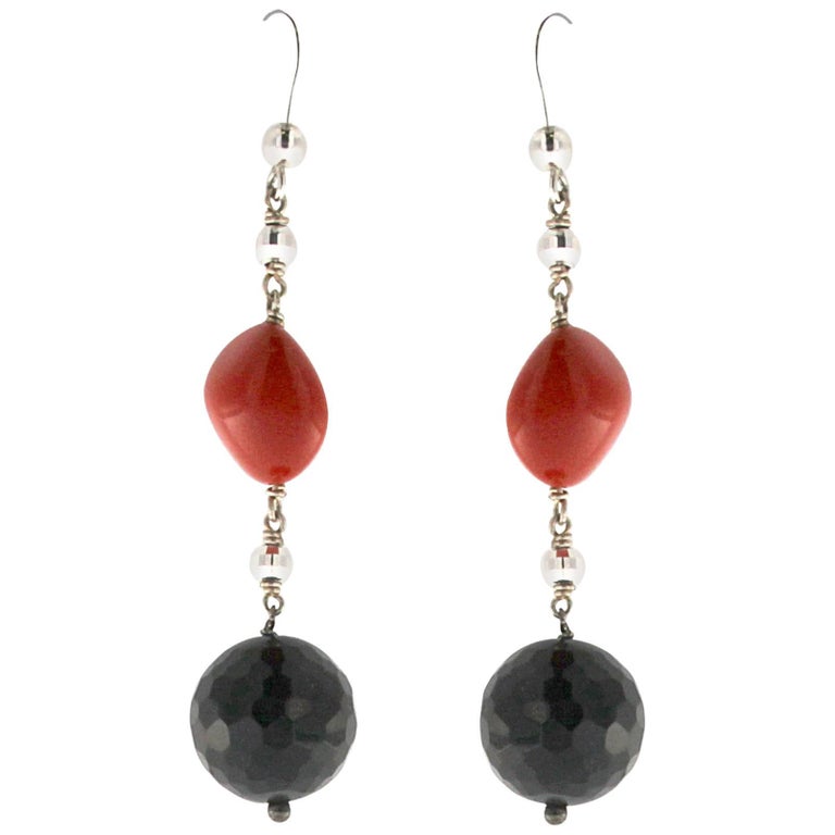 Boucles D'Oreilles Argent 925 Avec Fleur Onyx, Corail Rouge & Nacre - Neuf Avec Étiquettes
