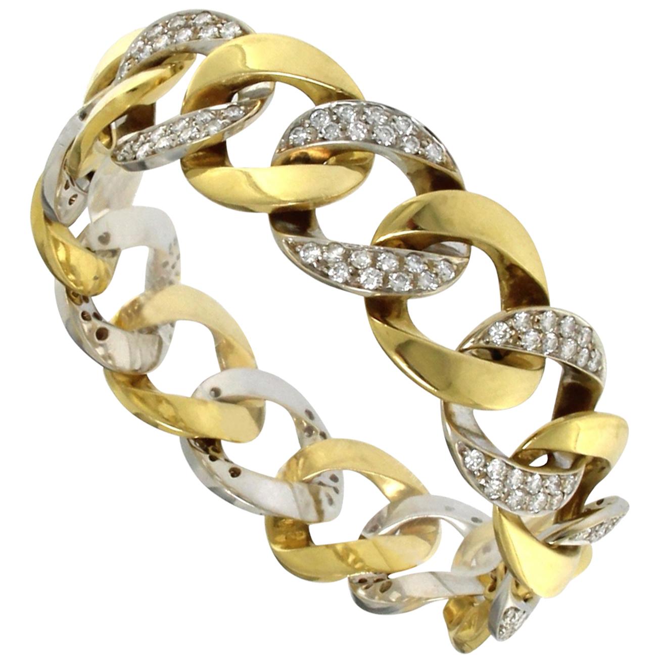Bracelet massif en or jaune et blanc 18 carats avec diamants en vente