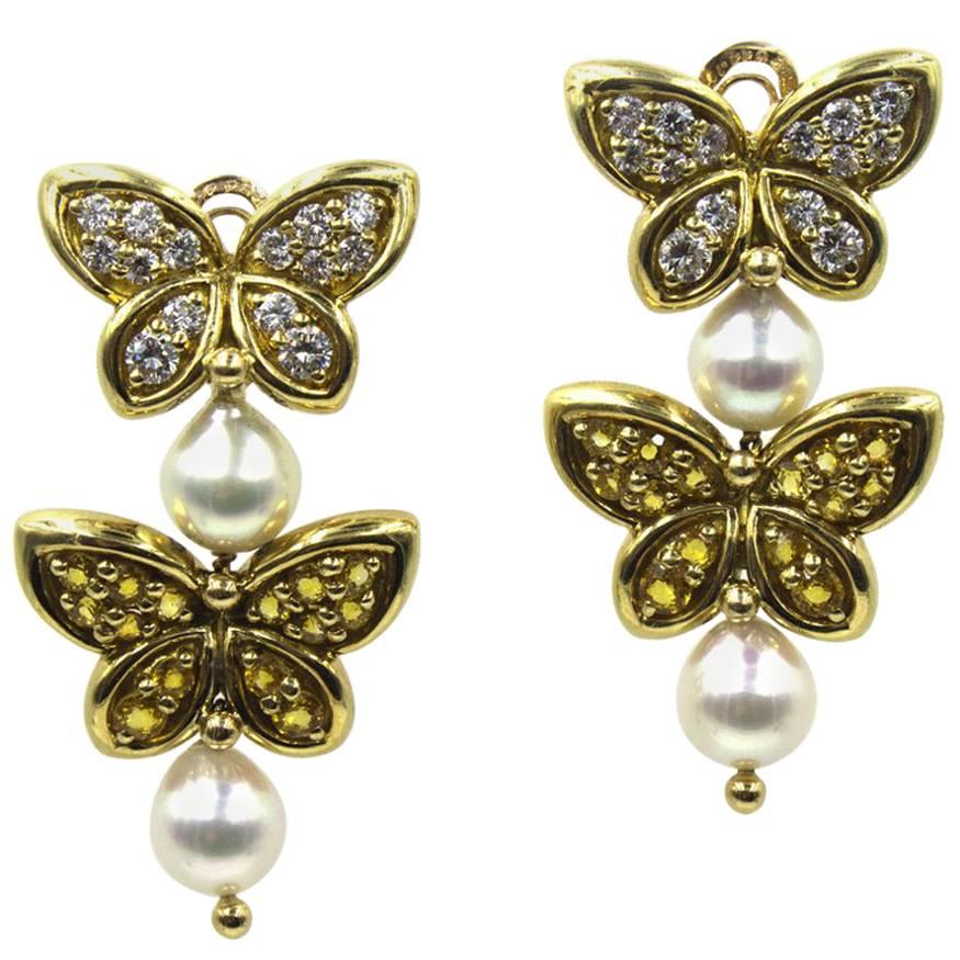 Van Cleef & Arpels Diamond Yellow Sapphire Pearl Butterfly Dangle Clip Earrings