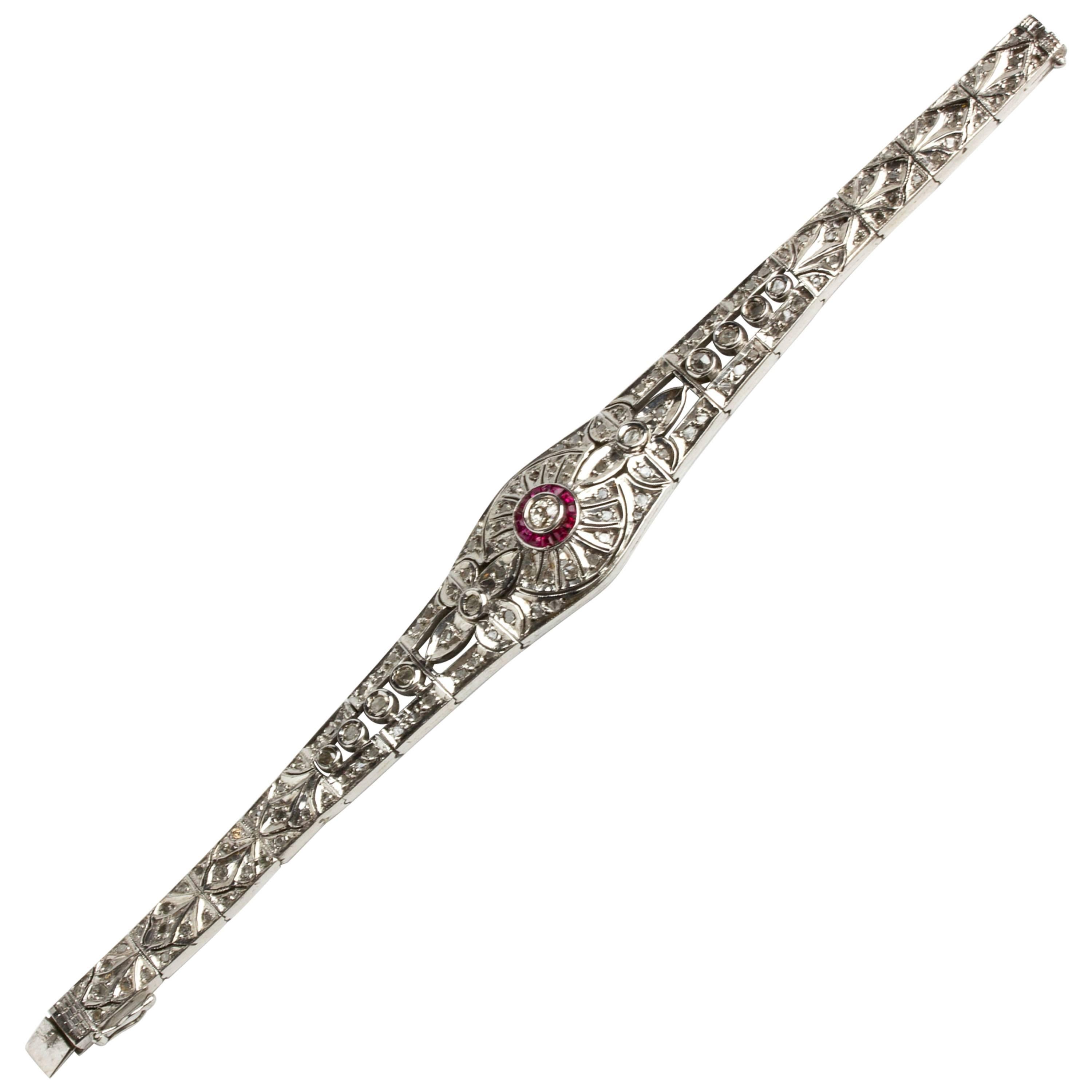 Diamond and Ruby Silver Bracelet, Italy, Late 19th Century For Sale