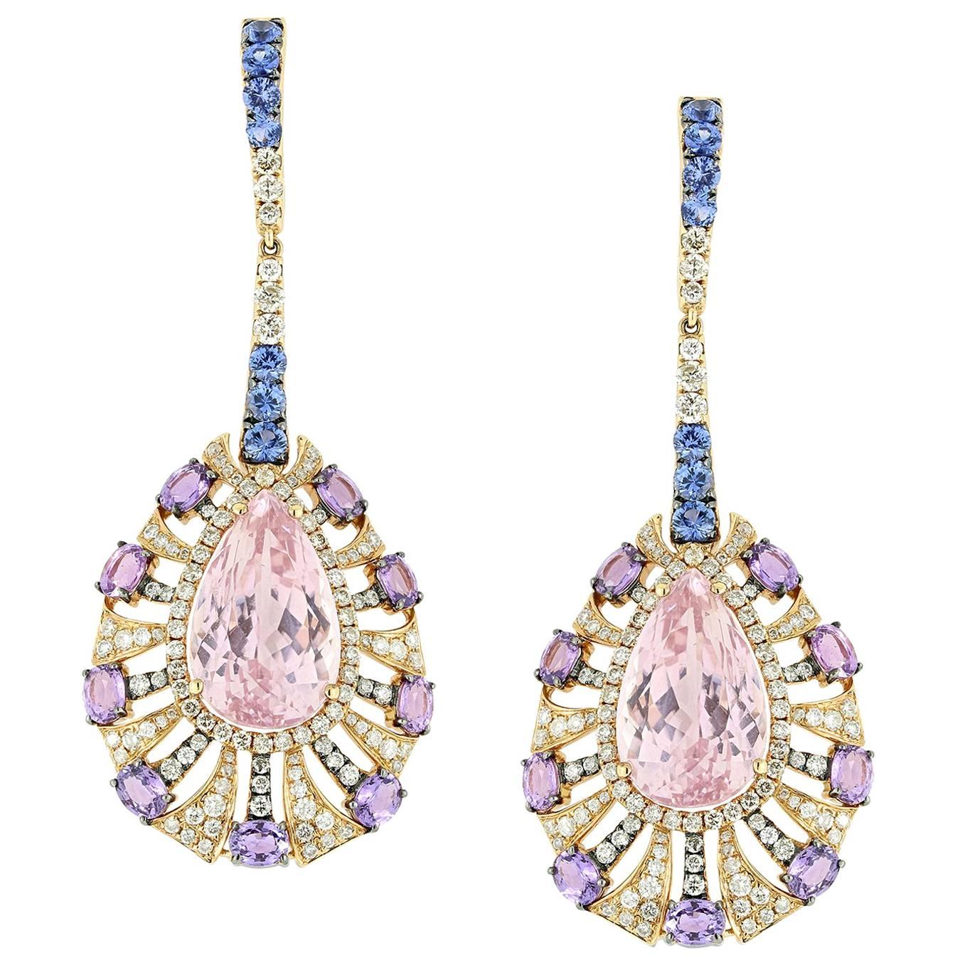 Purple Sapphire Kunzite Blue Sapphire Diamond Drop Earring For Sale