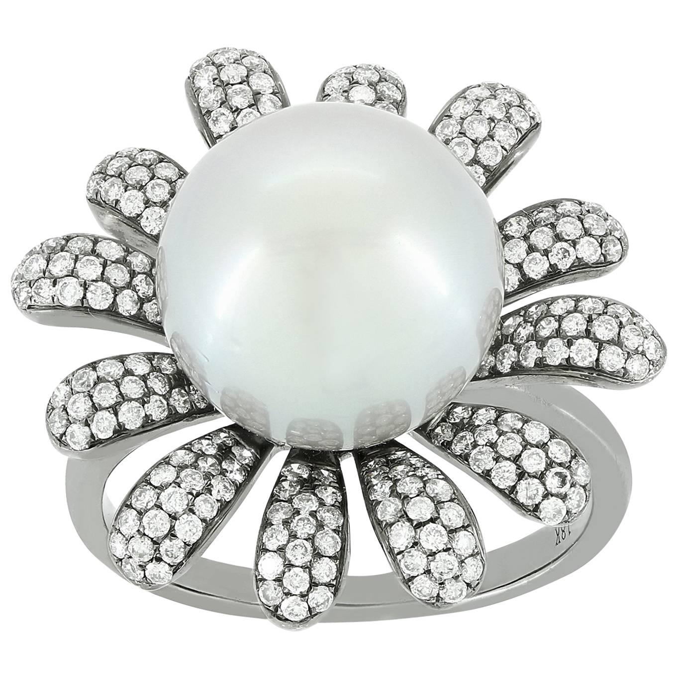 Pearl Diamond Flower Ring For Sale