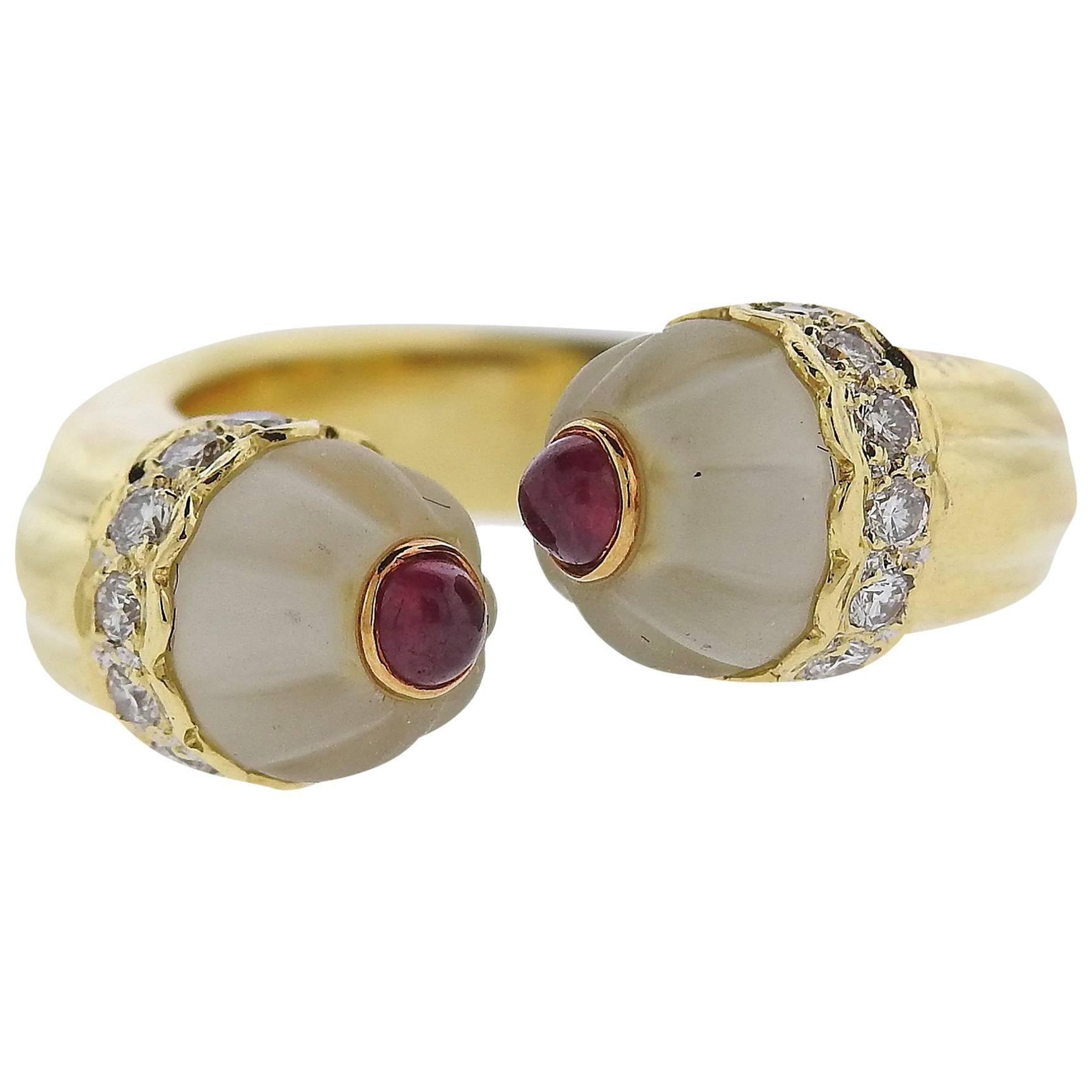 Diamond Ruby Frosted Crystal Gold Bypass Ring