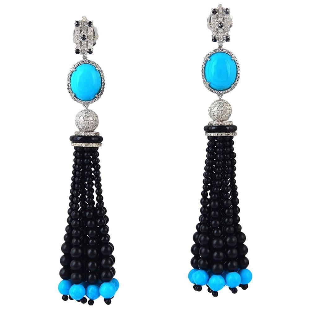 Black Onyx and Turquoise Tassel Earring with Diamonds