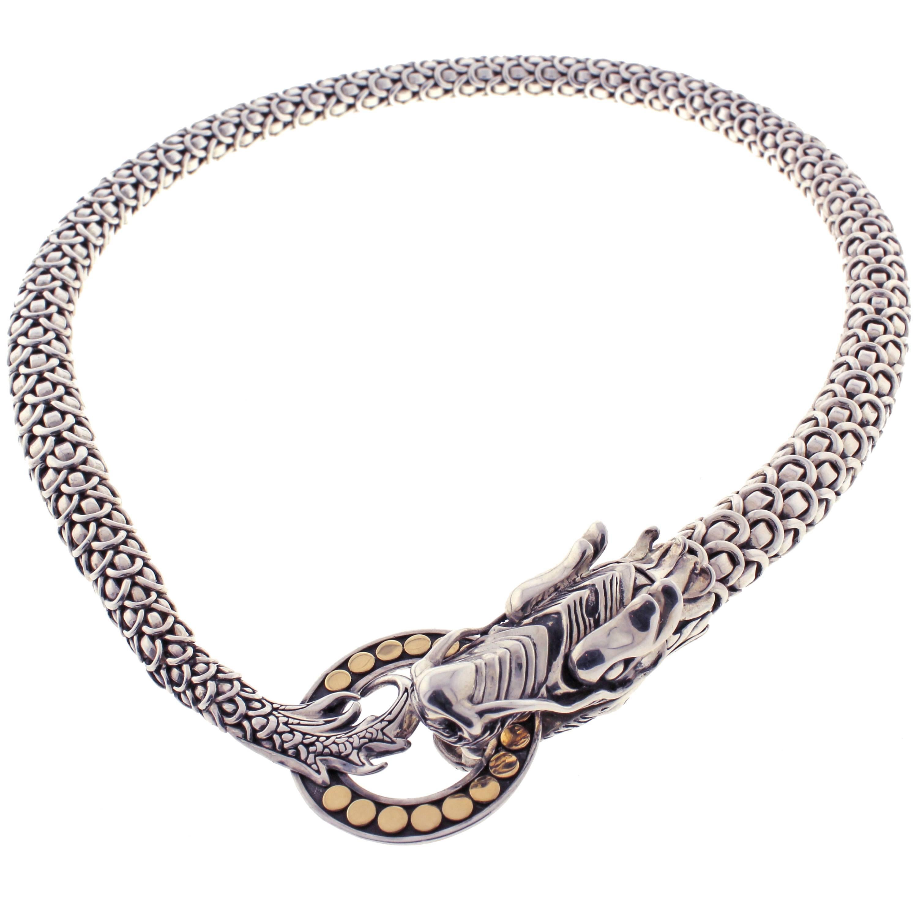 John Hardy Naga Dragon Dot Circle Gold and Silver Chain Necklace