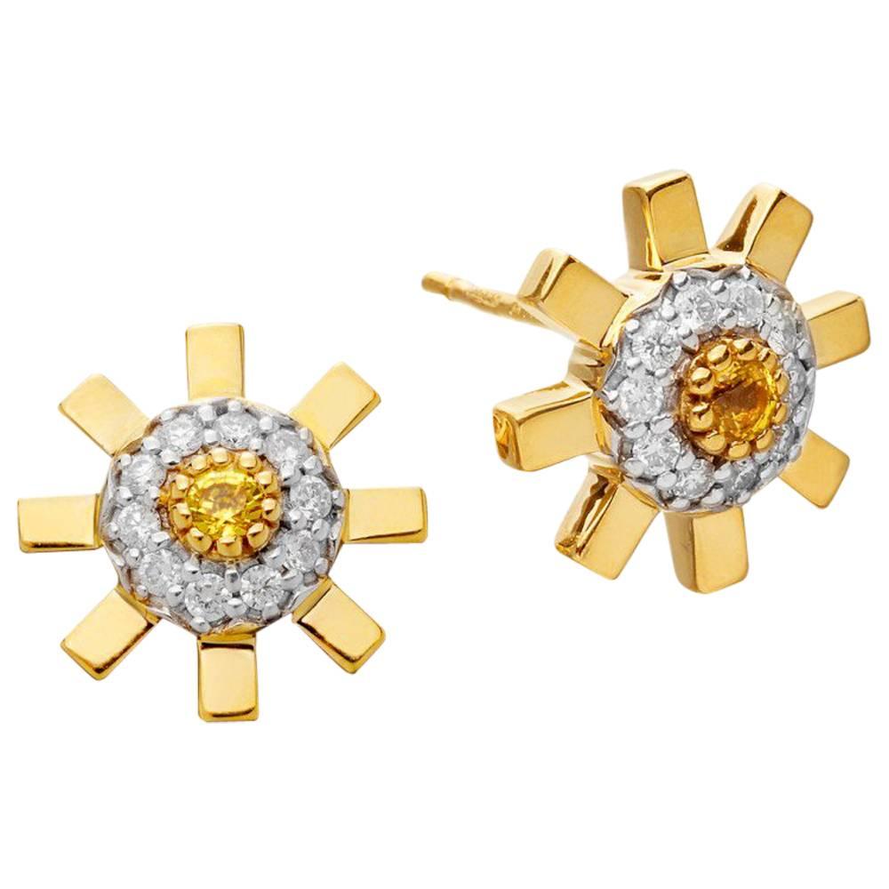 Sun Ray 18 Karat Gold, Diamonds and Yellow Sapphire Stud Earrings For Sale