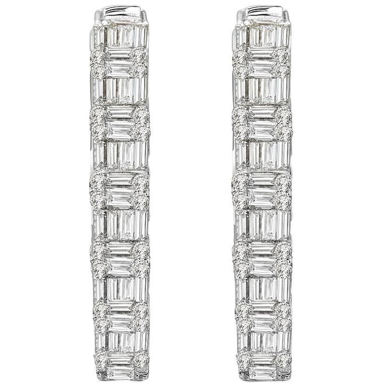 18 Karat White Gold Diamond Hoop Earrings Baguettes and Round Diamonds