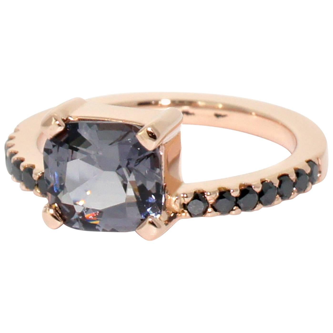 Lizunova Grey Spinel and Black Diamond Rose Gold Engagement Ring For Sale