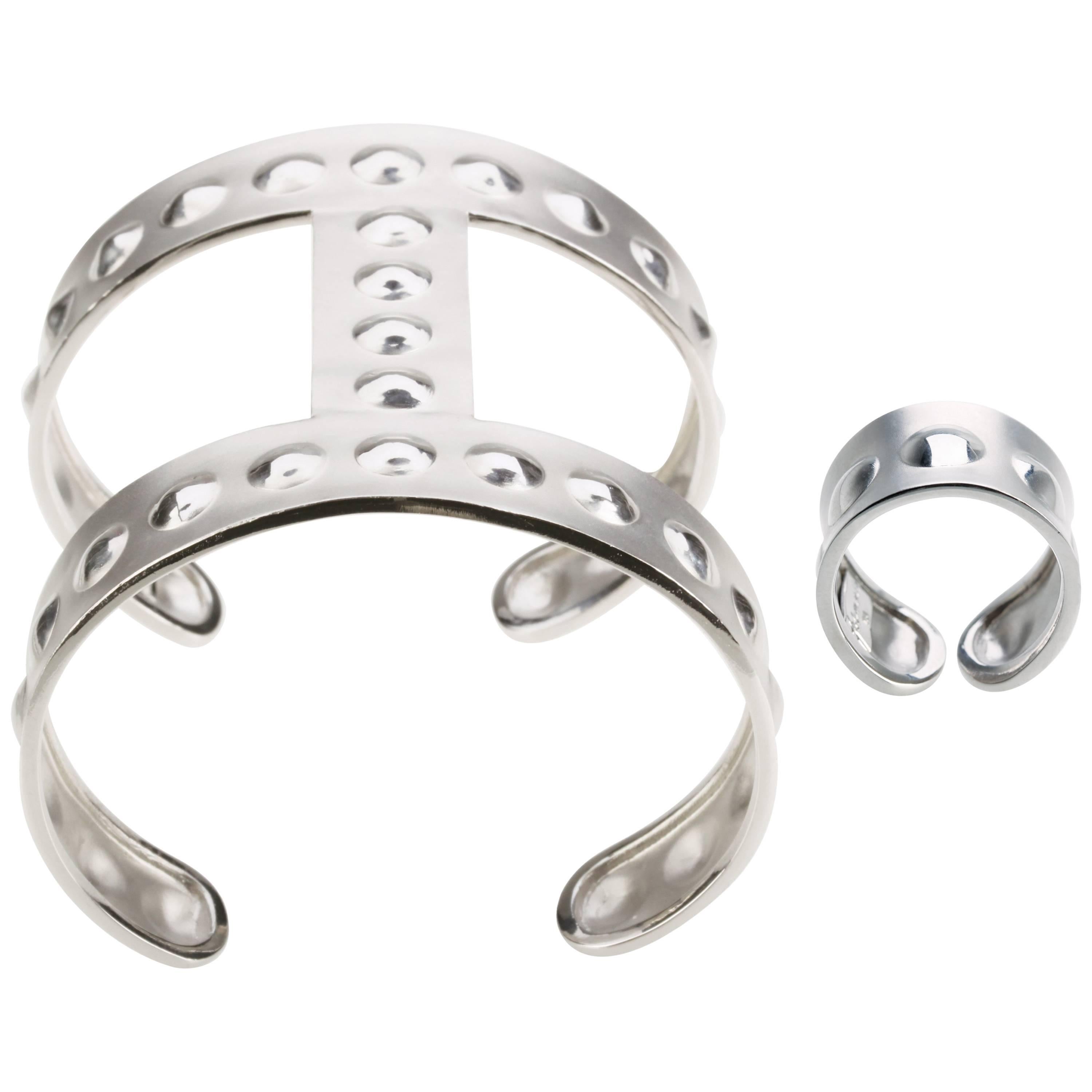 Youmna Fine Jewellery 18 Karat White Gold Gladiator Bubble Cuff and Band Ring For Sale