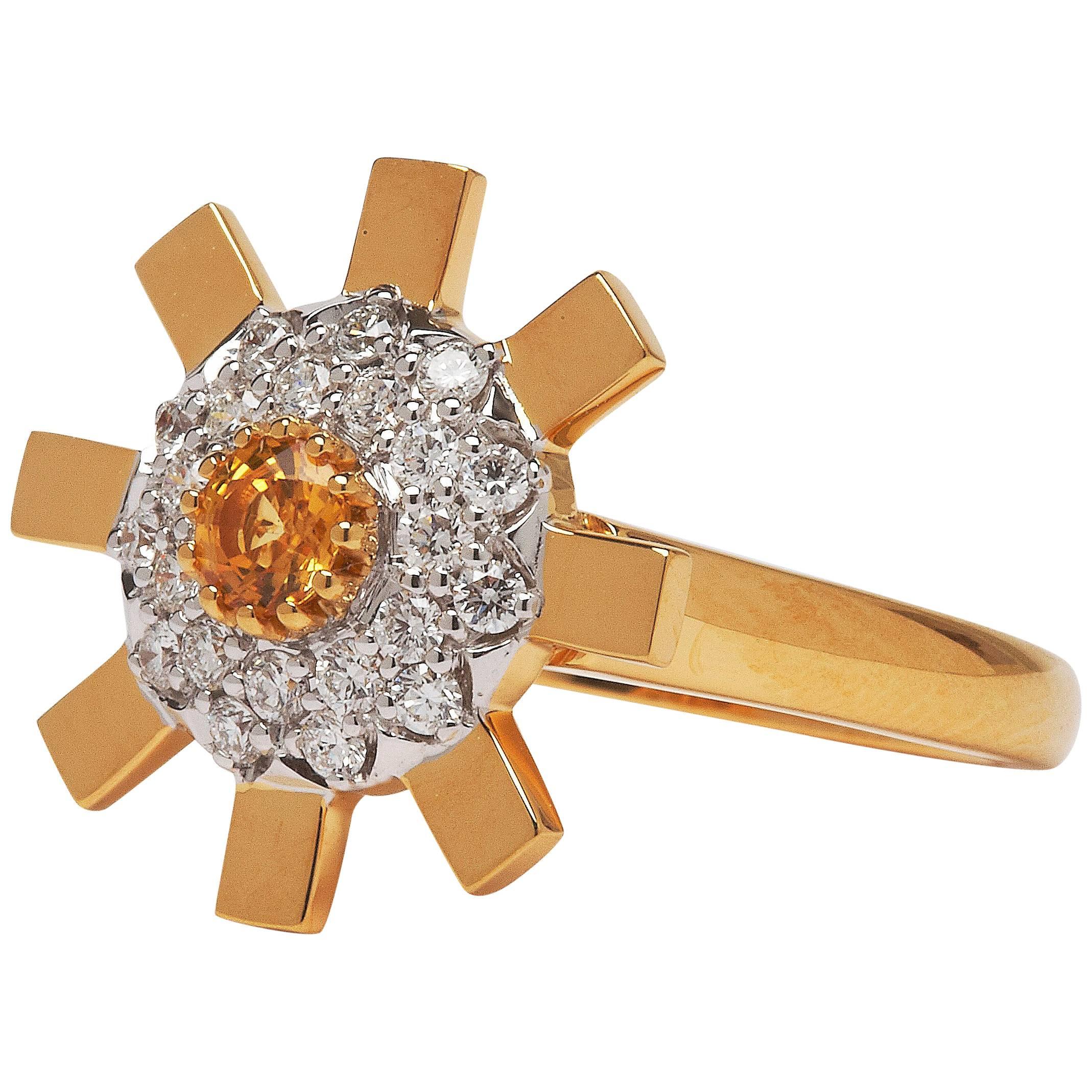 Sun Ray 18 Karat Gold, Diamonds and Yellow Sapphire Engagement Ring For Sale