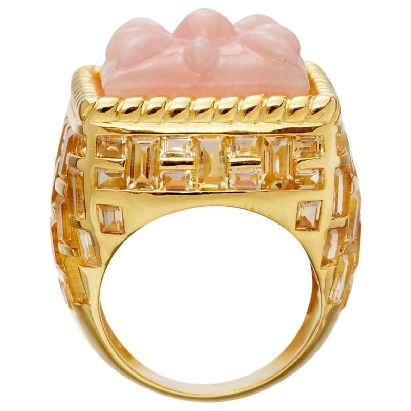Basket-Weave 14 Karat Gold, Citrine and Hand-Carved Pink Opal Cocktail Ring For Sale