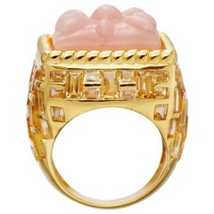 Basket-Weave 14 Karat Gold, Citrine and Hand-Carved Pink Opal Cocktail Ring