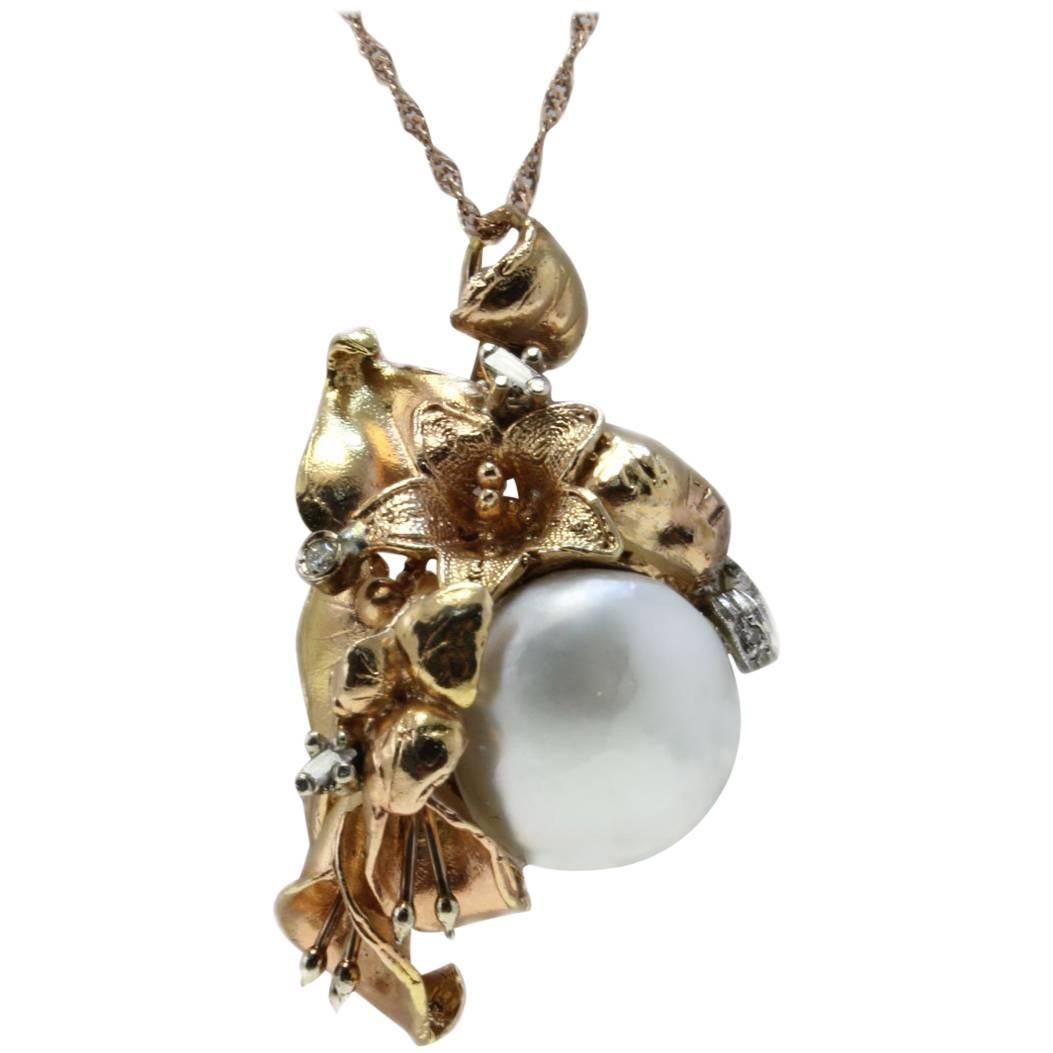  Rose Gold Diamonds and Baroque Pearl Necklace or Pendant