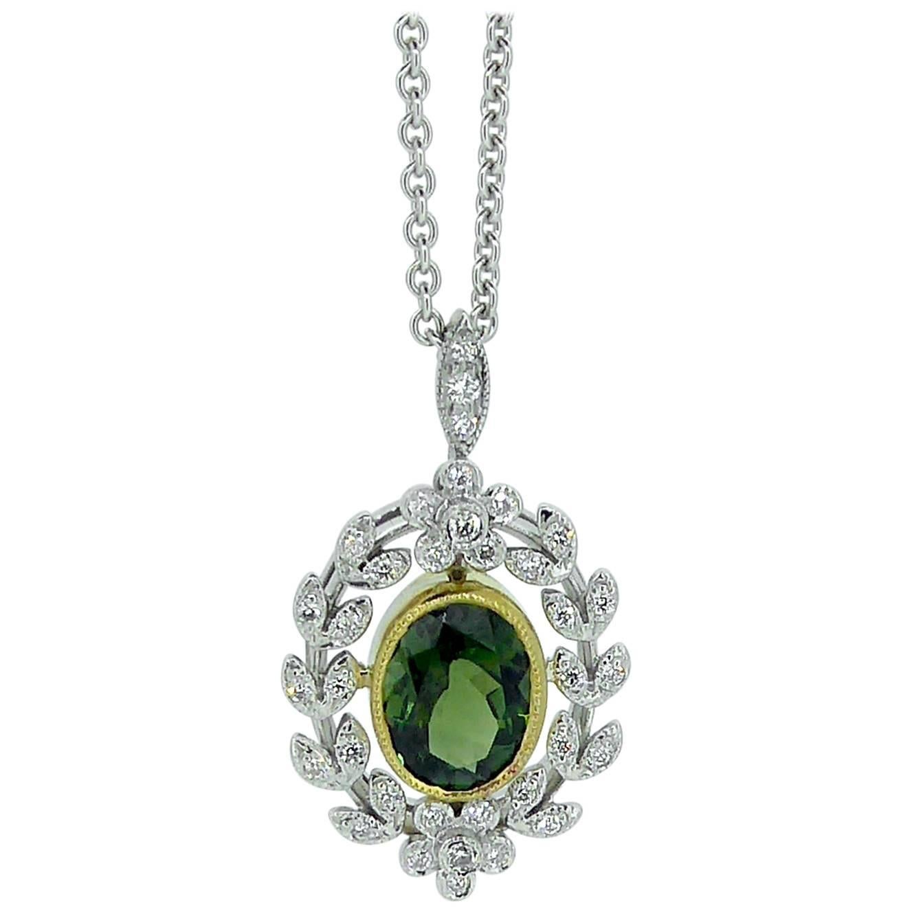 Antique Style 1.82 Carat Green Tourmaline Pendant with 0.21 Carat Diamonds