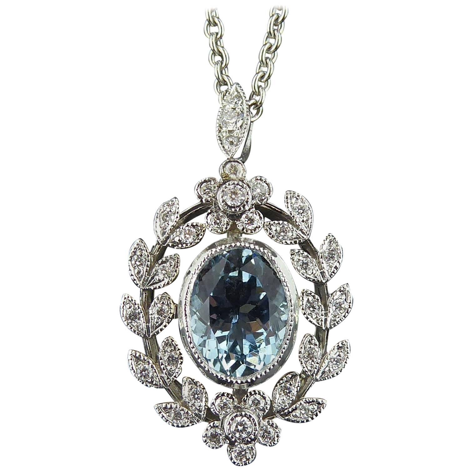 Antique Belle Époque Style 1.70 Carat Aquamarine and Diamond Pendant in 18 Carat