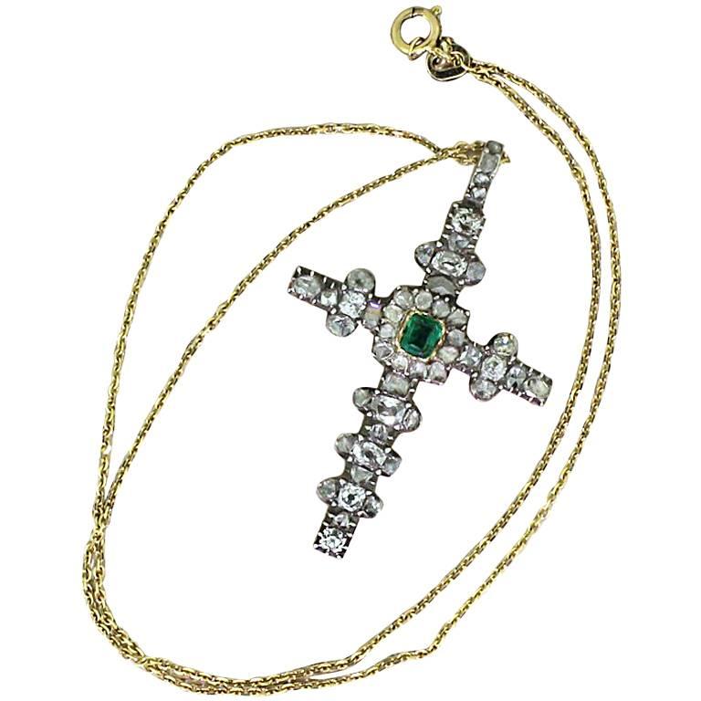 Georgian Emerald, Old Cut Diamond and Rose Cut Diamond Cross Pendant, circa 1800 For Sale