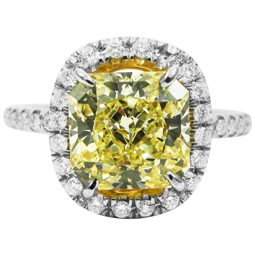 2.39 Carat Fancy Yellow Radiant Cut Diamond Pave Halo Ring