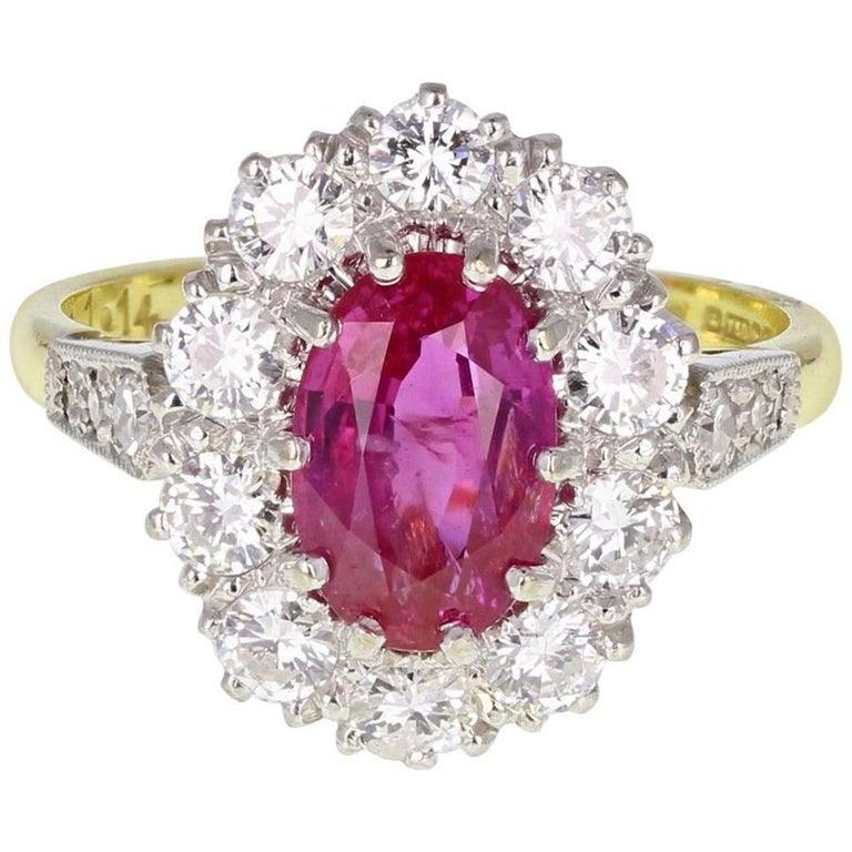 2.60 Carat Burma Unheated Ruby Diamond Gold Oval Cluster Ring at