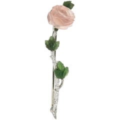 J. E. Caldwell Platinum, Diamond, Rose Quartz and Jadeite Art Deco Rose Pin