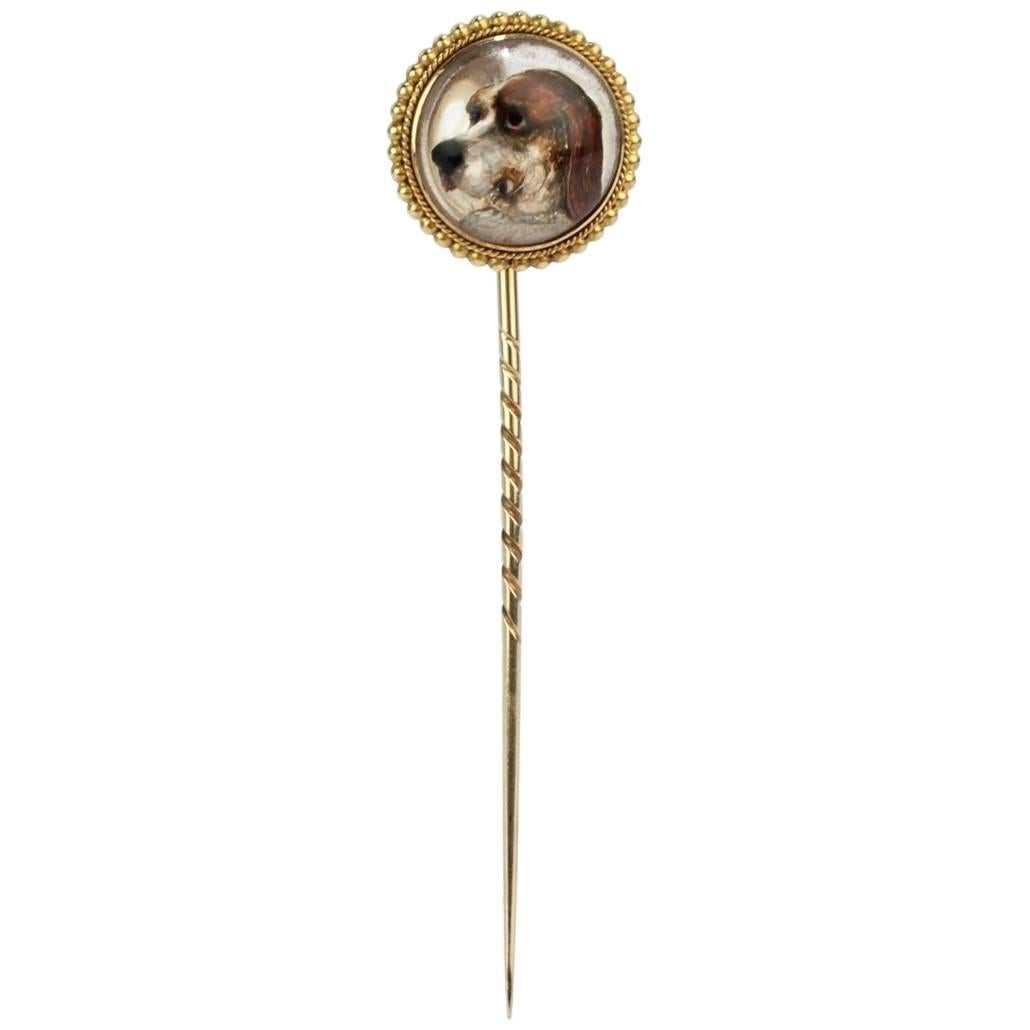 Gold and Essex Crystal Stick Pin with a Reverse Painted Beagle