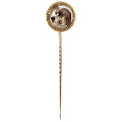 Gold and Essex Crystal Stick Pin with a Reverse Painted Beagle