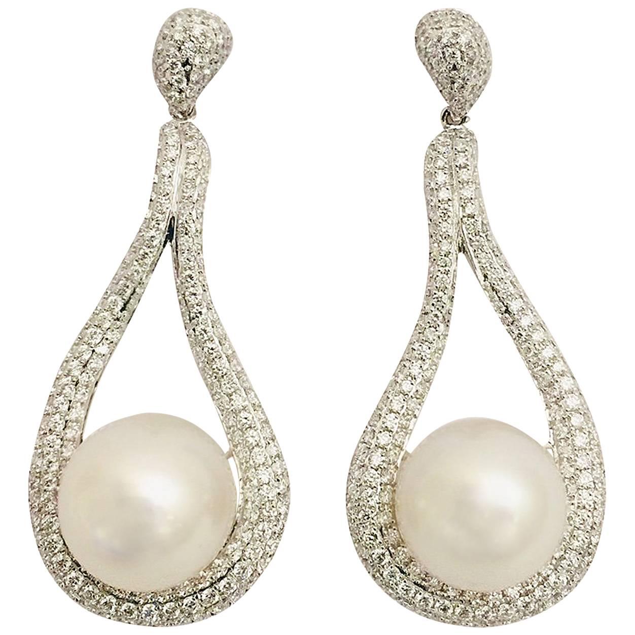 18 Karat White Gold Diamond and South Sea Pearl Drop Earrings For Sale