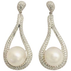 18 Karat White Gold Diamond and South Sea Pearl Drop Earrings