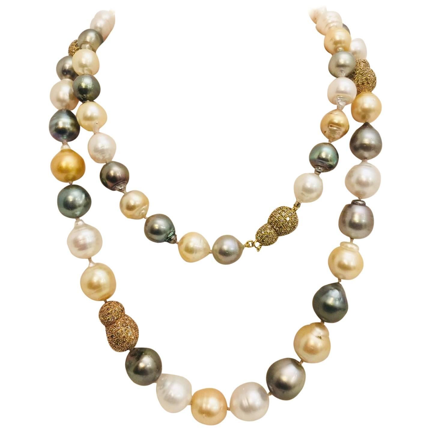 Magnificent Multicolored Baroque Pearl and Diamond Necklace For Sale
