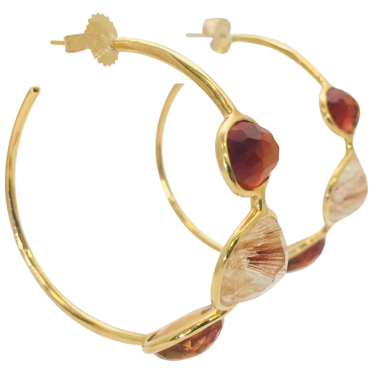 Ippolita Rock Candy Citrine and Quartz 18 Karat Yellow Gold Medium Hoop Earrings For Sale