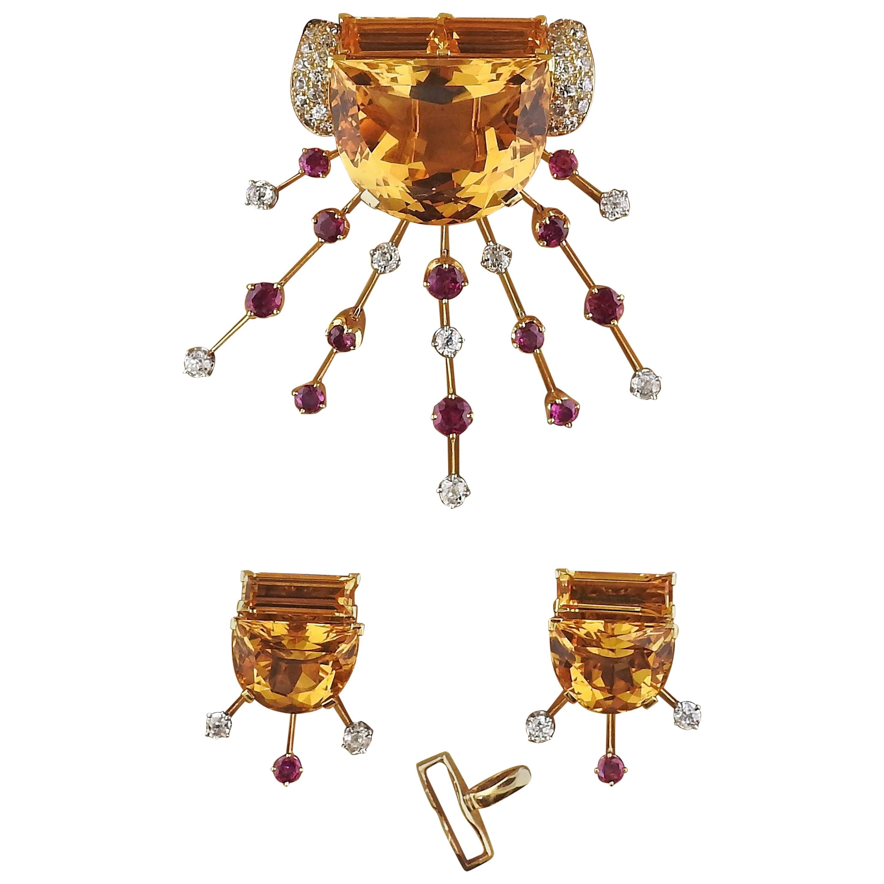 Retro Citrine Diamond Ruby Gold Earrings Brooch Suite