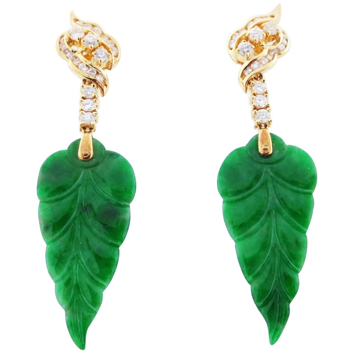 Delicate Jade Leaf Diamond Earrings in 18 Karat Yellow Gold