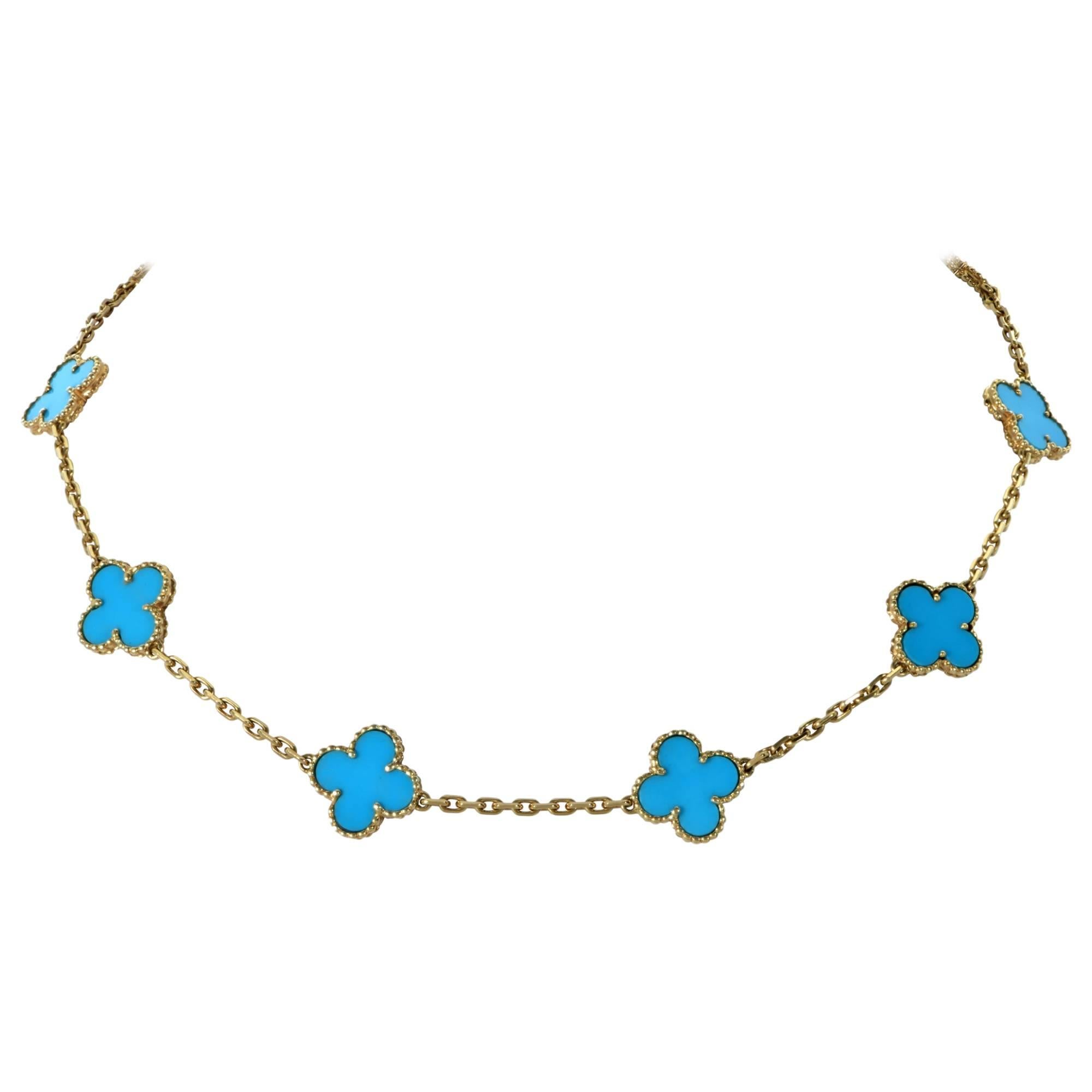 Van Cleef & Arpels Vintage 18 Karat Yellow Gold Alhambra Turquoise Necklace