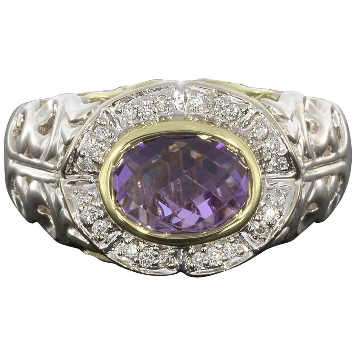 Charles Krypell Oval Amethyst and Diamond Ivy Collection Silver and Gold Ring