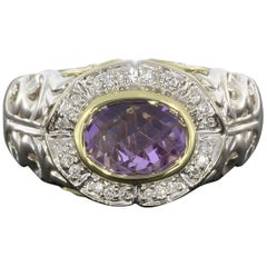 Charles Krypell Oval Amethyst and Diamond Ivy Collection Silver and Gold Ring