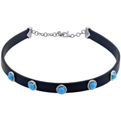 4.31 Carat Turquoise and Diamond Black Leather Choker Necklace