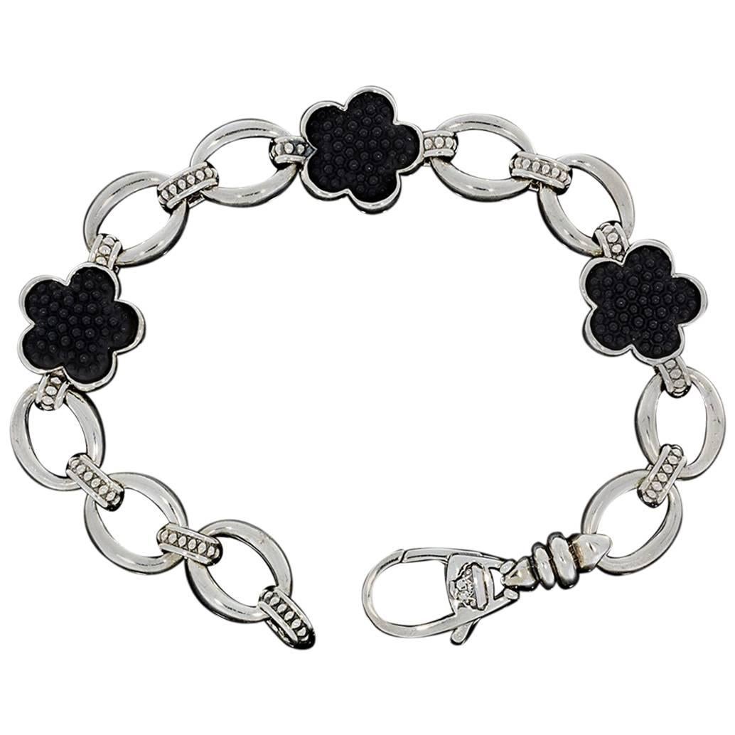 Lagos Black Onyx Caviar Flower Love Me Sterling Silver Link Bracelet