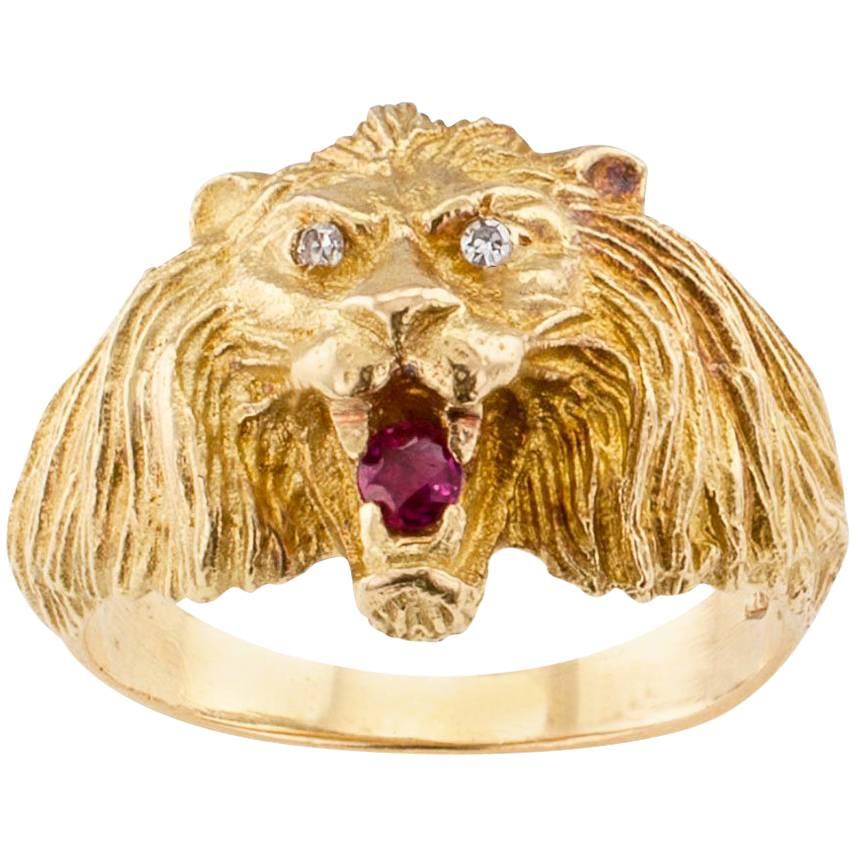 Lion Head Gold Diamond Ruby Ring