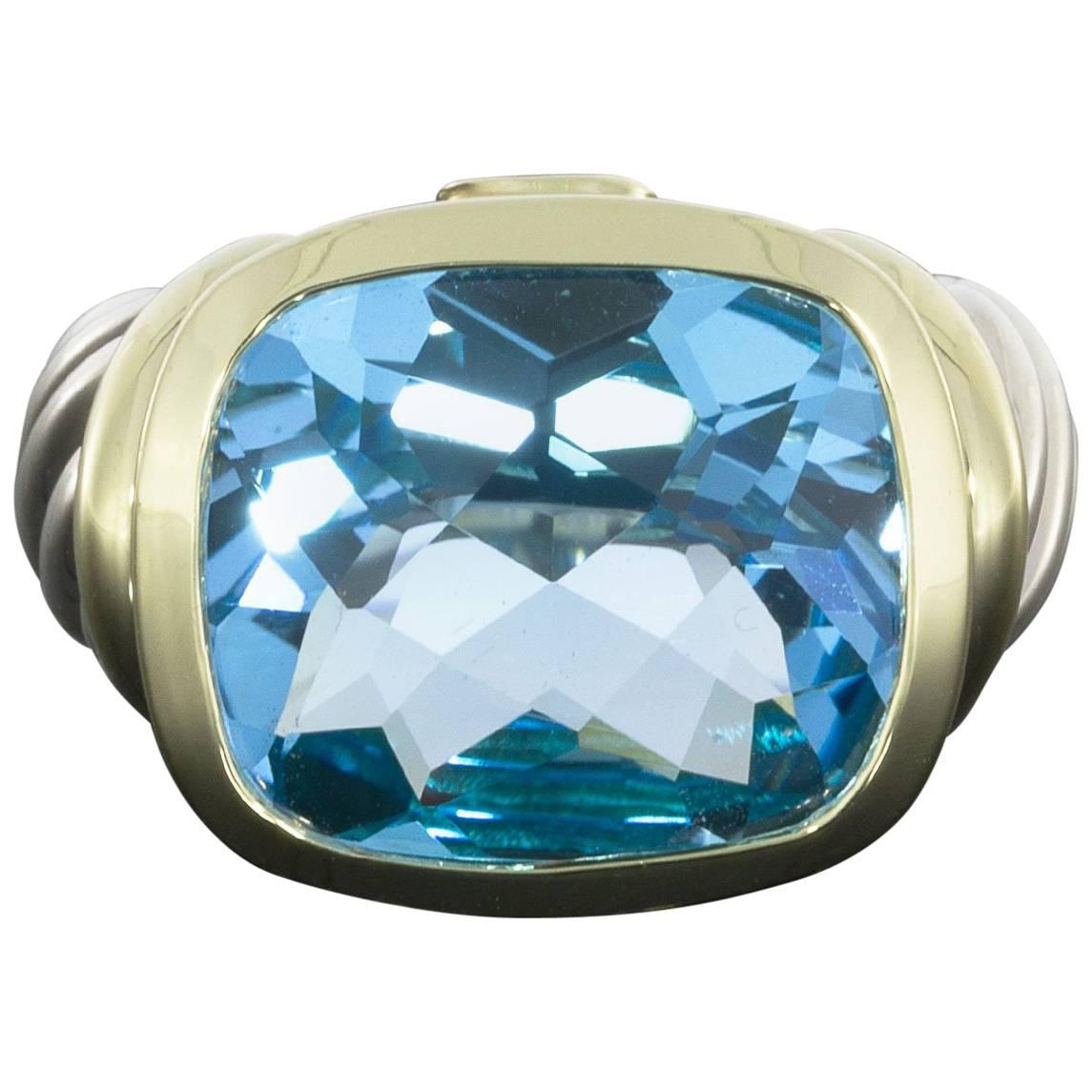 David Yurman Cushion Blue Topaz Noblesse Silver and Gold Bezel Ring