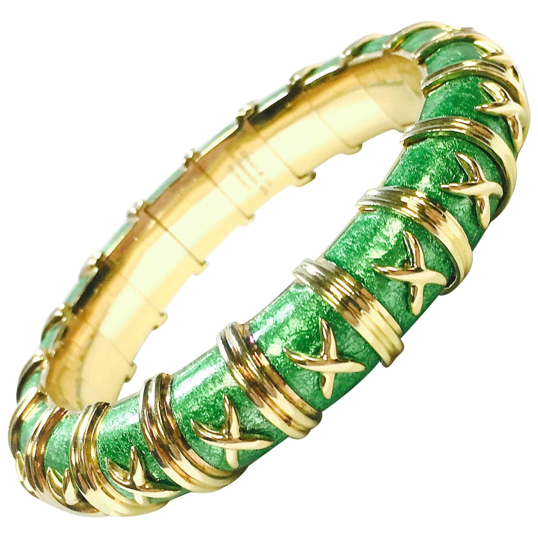 Tiffany & Co. Schlumberger Croisillon Gold Green Enamel Bracelet
