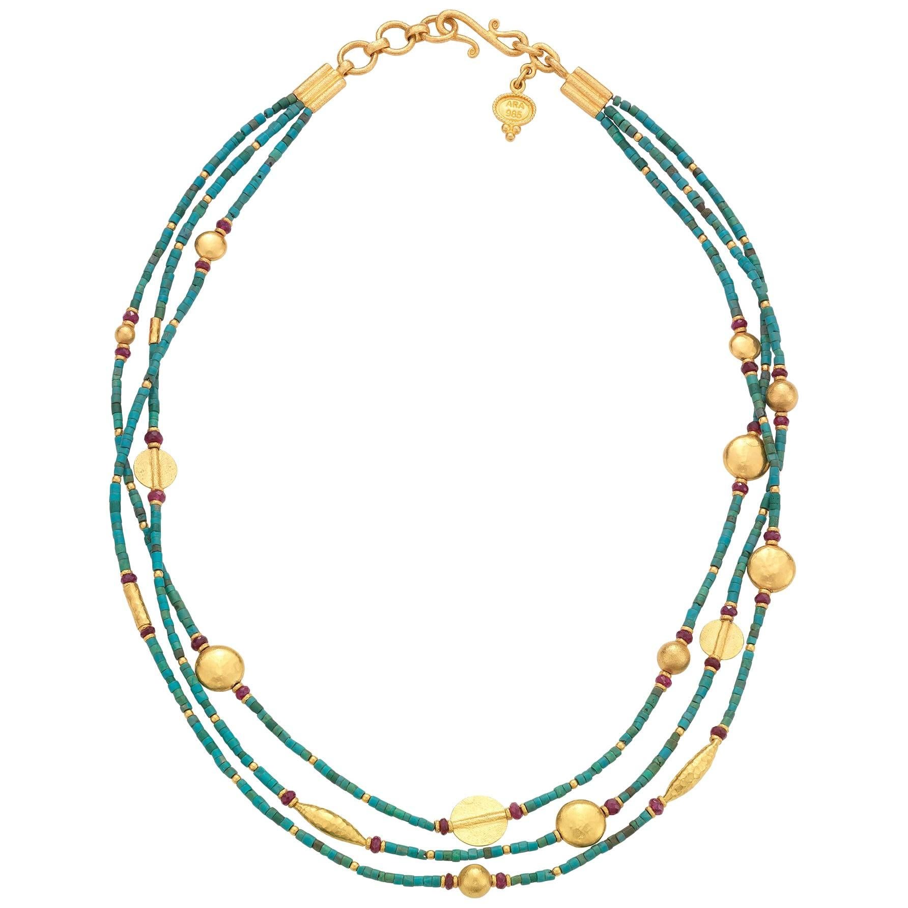 Turquoise, Ruby and Gold Necklace