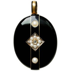Antique Late Victorian Gold Diamond Pearl Black Enamel Locket